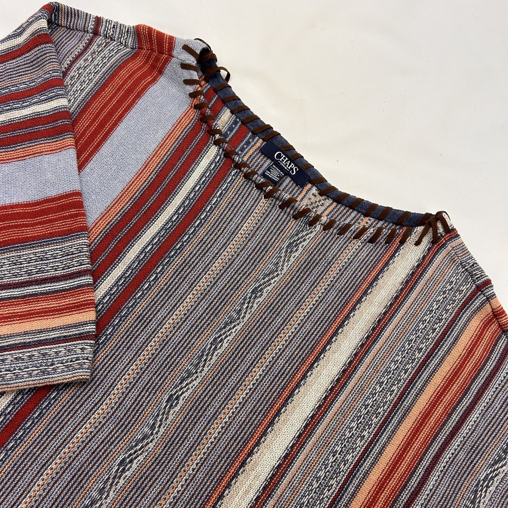 Chaps Women Blue Orange Beige Striped Cotton Long Sleeve Boho Sweater XL NWOT